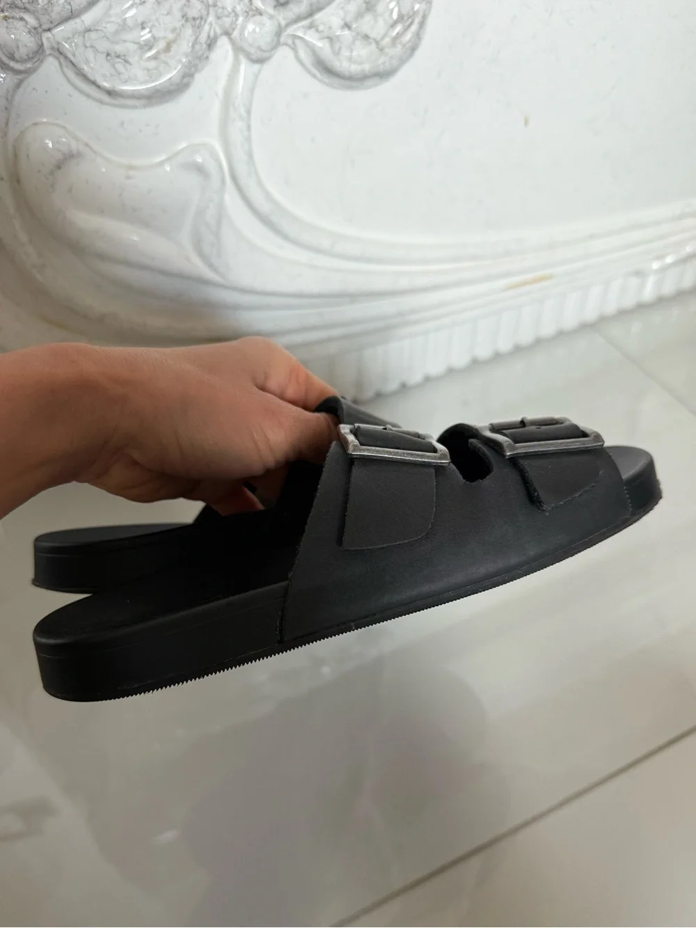 Black Double-Buckle Slide Sandals